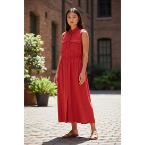 Chicos Black Label Red Sleeveless Maxi Shirt Dress Button Front Pockets Size 2